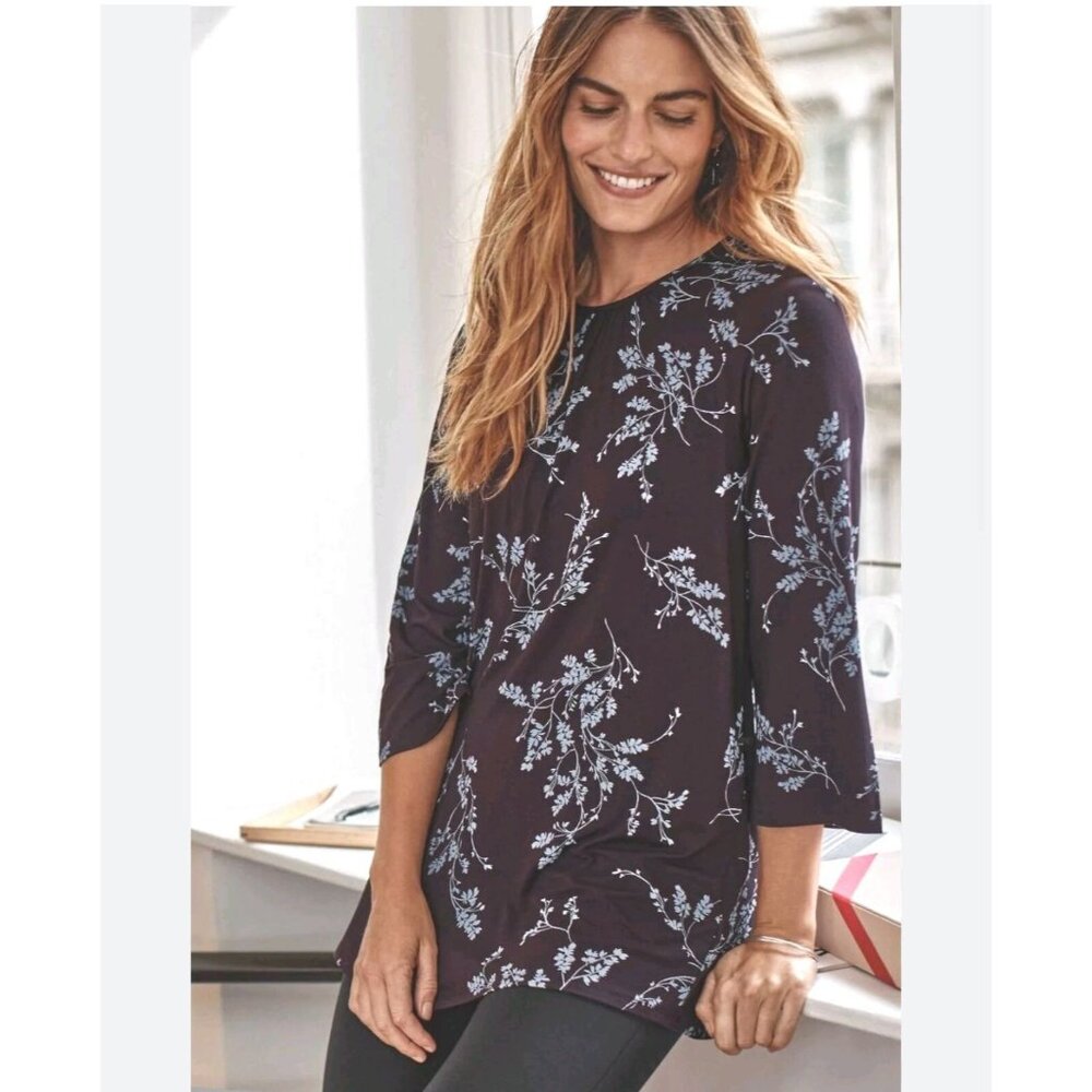 J Jill Wearever Collection Womens XL Floral Purple Tunic Top 3/4 Sleeve Shirt